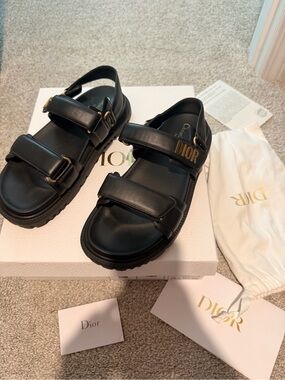 Dior Black Leather Velcro Strap Sandals with Gold Hardware